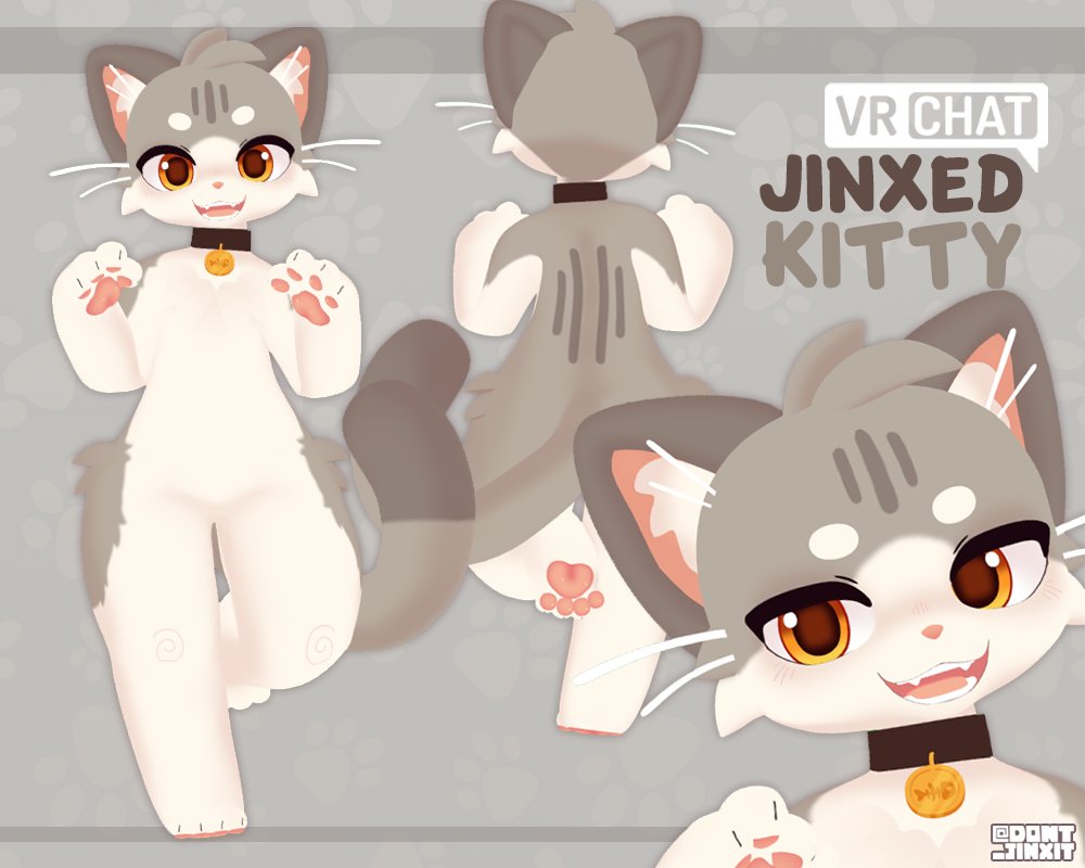 dont_jinxit's tweet photo. Jinxed Kitty now available! :D

This avatar is my latest creation for VRChat and includes lots of customization blendshapes and expressions! :D

You can try it out in FurHub (when updated) and buy it via the lonk below! https://t.co/5wq8JOPqJc