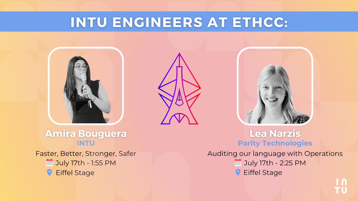 IntuOfficial's tweet photo. WE’RE SPEAKING AT #ETHCC!! 🗣

Intu engineers @amirabouguera and @leana_pple are both doing amazing talks on Monday! Save the date! 📅

Head over to our Launch Party on Monday night to speak with them further: https://t.co/OJoesBl7cj

#HumanFirstWeb3 #web3 https://t.co/FCkR4DBC56