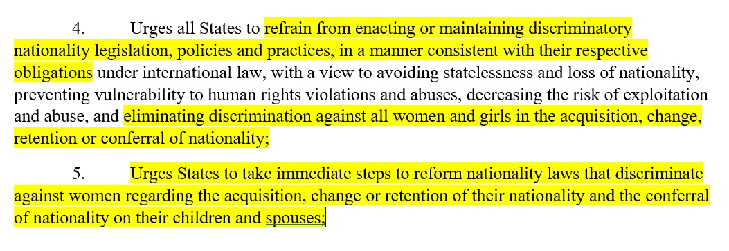 EQL_Nationality's tweet image. Today UN Human Rights Council again adopted a Resolution calling on all states to end #GenderDiscrimination in nationality laws &amp;amp; remove all forms of discrimination re nationality rights.  Res adopted by consensus. Now it's time for states to act. Full text forthcoming! #HRC53