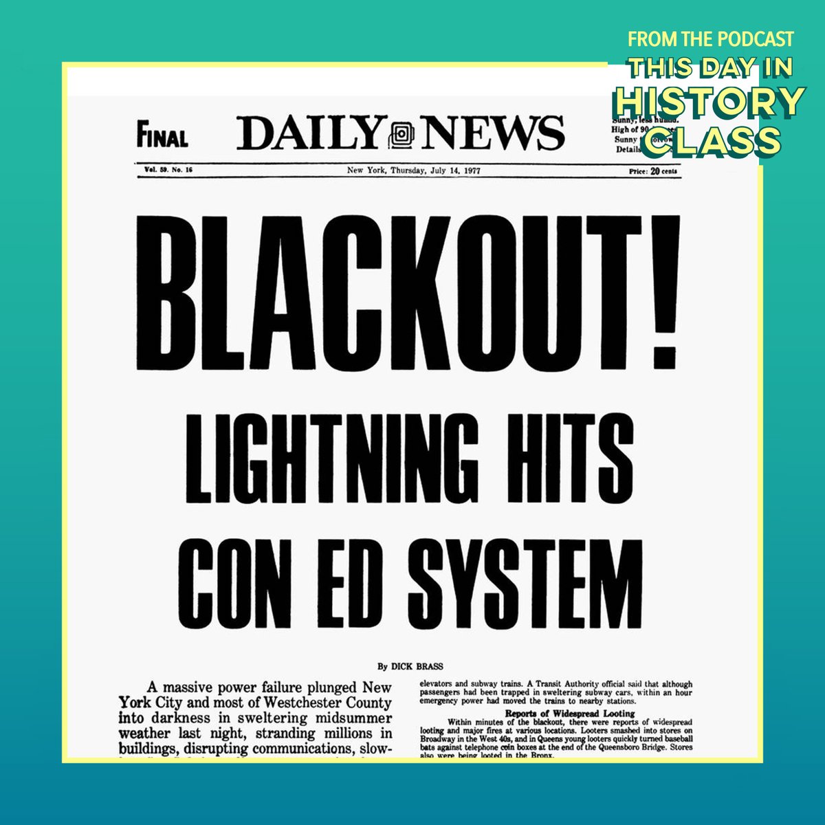 TDIHCshow's tweet photo. On this day in 1977, a citywide power outage created total chaos in New York City.

#Blackout77 #NewYorkCity #NYCBlackout #Blackout #CivilUnrest #Lightning #Arson #Darkness #Looting #TDIHC #ThisDayInHistory #TodayInHistory #OnThisDay #July13

Listen now:
https://t.co/NwrmzOvGlb https://t.co/VxBkPj90YL