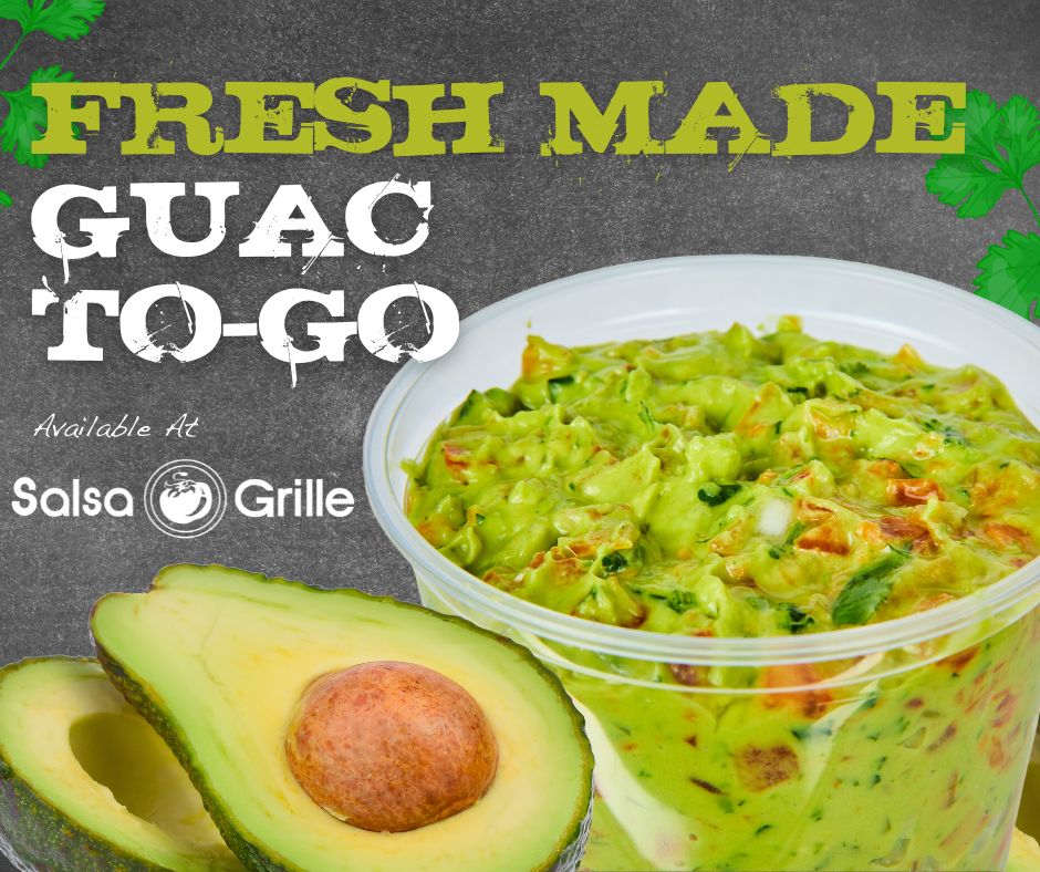 Experience the irresistible freshness of our daily-made guacamole! Elevate your meals with our convenient container sizes - 8oz, pint, quart, half gallon, and gallon. Taste the true essence of #BigFreshFlavors at Salsa Grille. #SalsaGuacChips