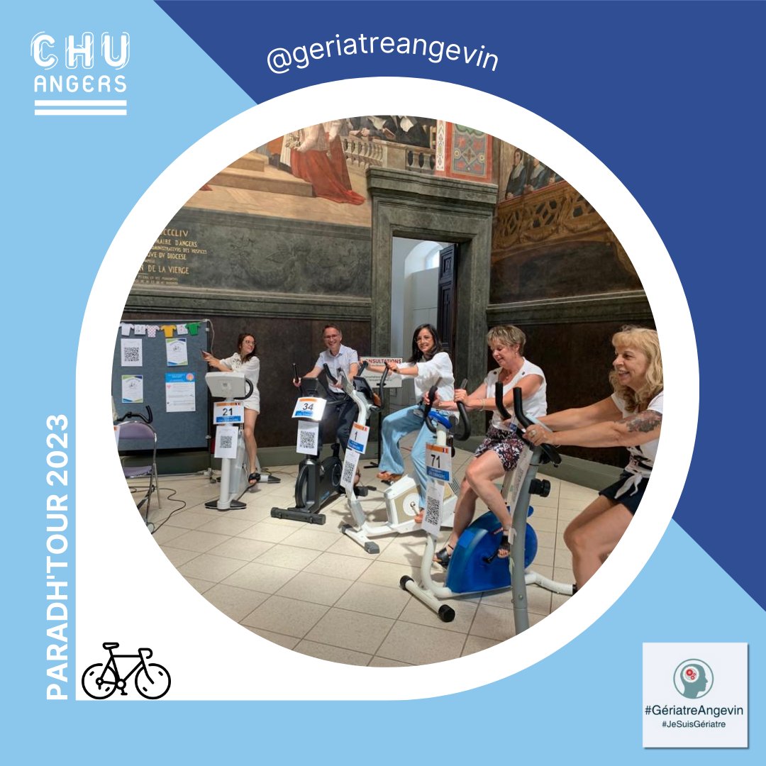 GeriatreAngevin's tweet photo. 🚴‍♀️[𝘙𝘦𝘵𝘰𝘶𝘳 𝘦𝘯 𝘐𝘮𝘢𝘨𝘦𝘴] Journée évènement  #𝗣𝗔𝗥𝗔𝗗𝗛𝗧𝗼𝘂𝗿!  

🙏Merci aux agents du @chu_angers qui ont participé ce mercredi à la Journée Evènement

Merci également à la présence du @SCOCyclisme et à toutes les personnes qui ont tenu la permanence du stand🤝 https://t.co/1z0UD0fhVo