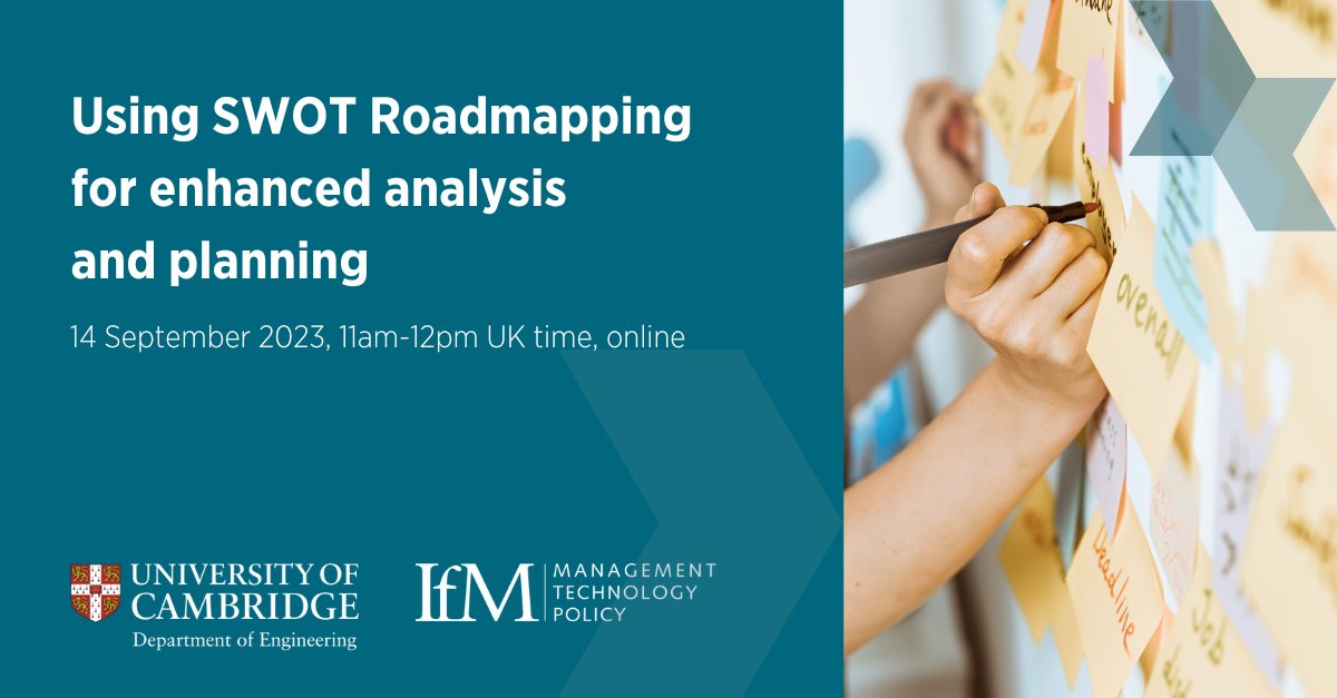 IfMCambridge's tweet image. 💻Join our upcoming webinar:

Using #SWOT with #roadmapping for enhanced analysis and planning 

In this webinar we explain how combining SWOT analysis with roadmapping empowers more effective strategic planning.

🗓️14 September, 11am UK time

Register -&amp;gt; us02web.zoom.us/webinar/regist…