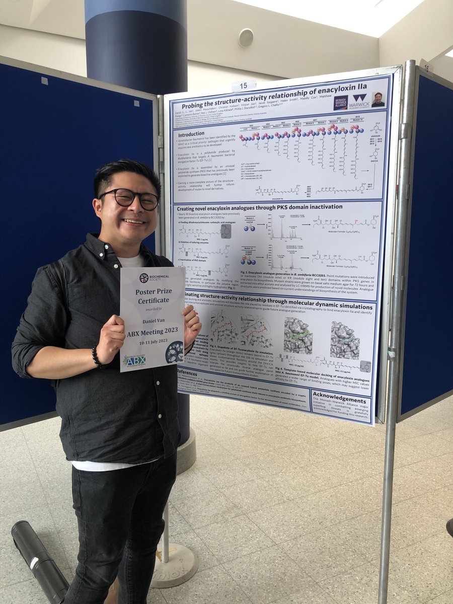 Congratulations to Daniel Van, an <a href="/MonashWarwick/">MonashWarwick</a> Alliance research fellow in our group <a href="/warwickchem/">Warwick Chemistry</a>, co-supervised by @pstansfeld, who won the best poster prize at the Antibiotic Discovery Accelerator Network Meeting <a href="/JohnInnesCentre/">John Innes Centre</a> in Norwich.