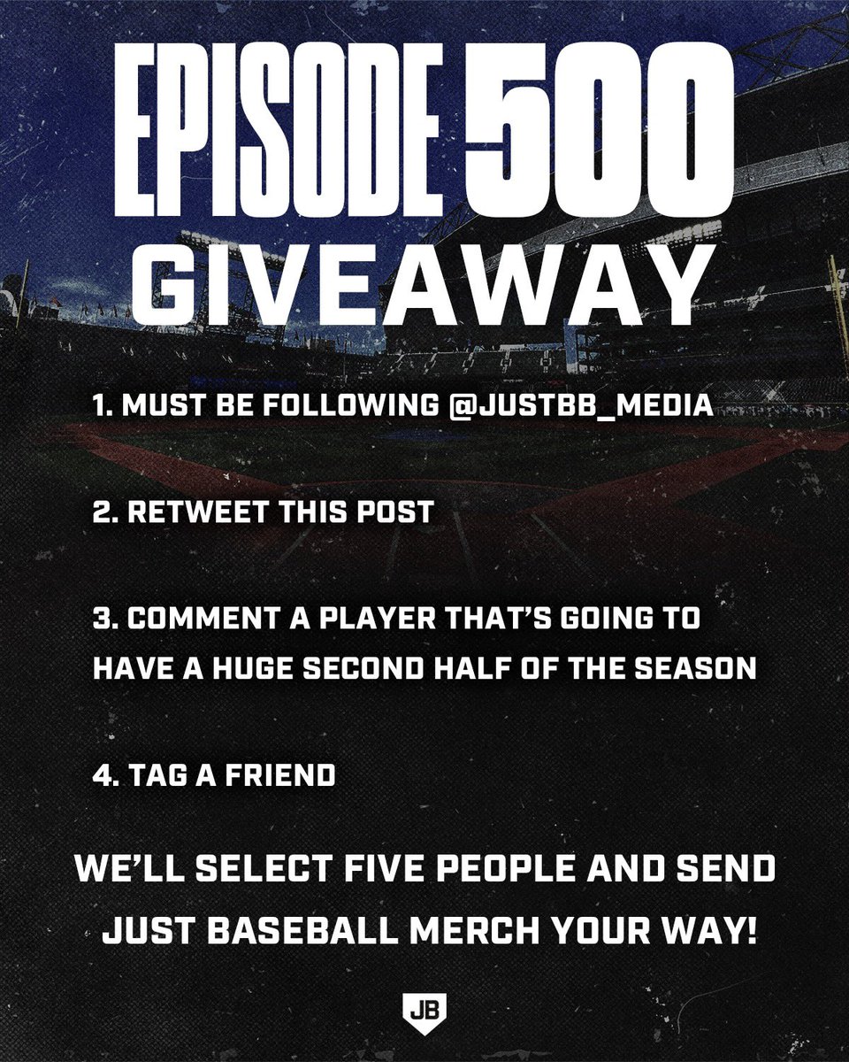 JustBB_Media's tweet photo. We’ve made it to 500 episodes and we want to thank you all for supporting us!

Follow @JustBB_Media, then follow the instructions of this giveaway to be entered for a chance to be one of 5 people to have a Just Baseball shirt or hoodie sent your way! https://t.co/870vtdO3dA