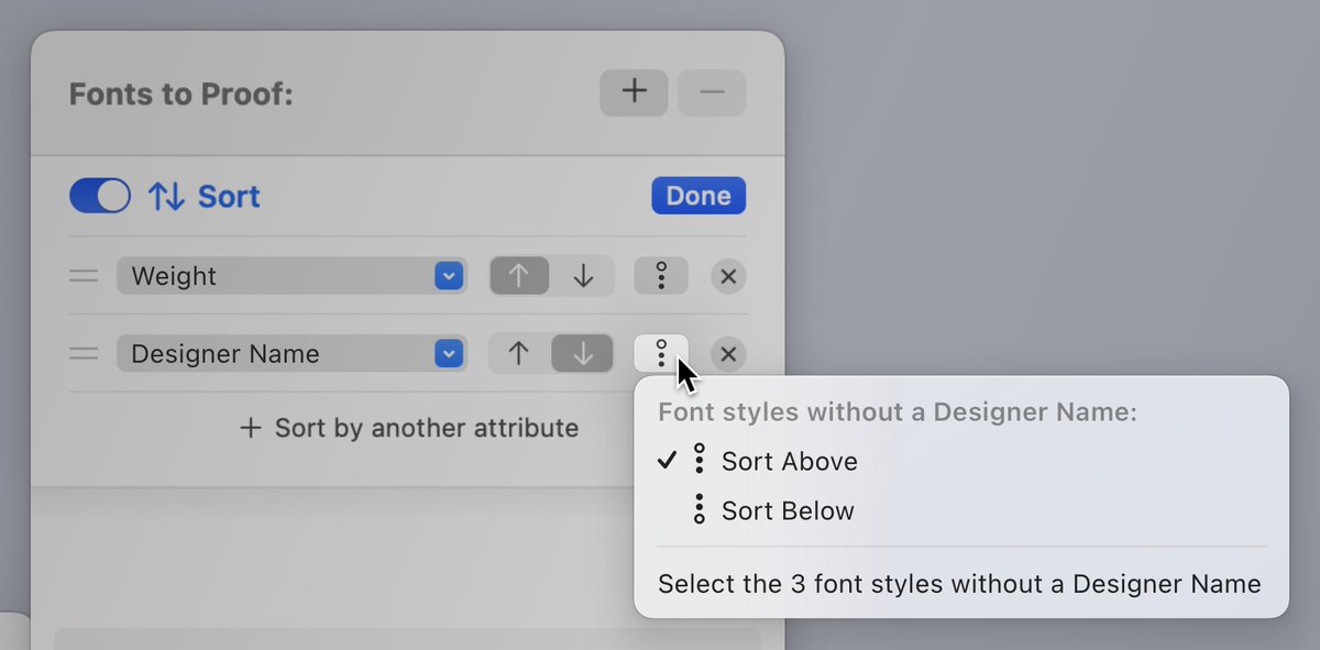 pnowelldesign's tweet photo. A breakthrough while designing Font Proofer’s new Sorting feature was letting you choose how to sort font styles *without* a value. I haven’t seen this any other software. Info like a designer name, width value, or custom axis value could be missing—especially in some formats. https://t.co/2wJML5IL6n
