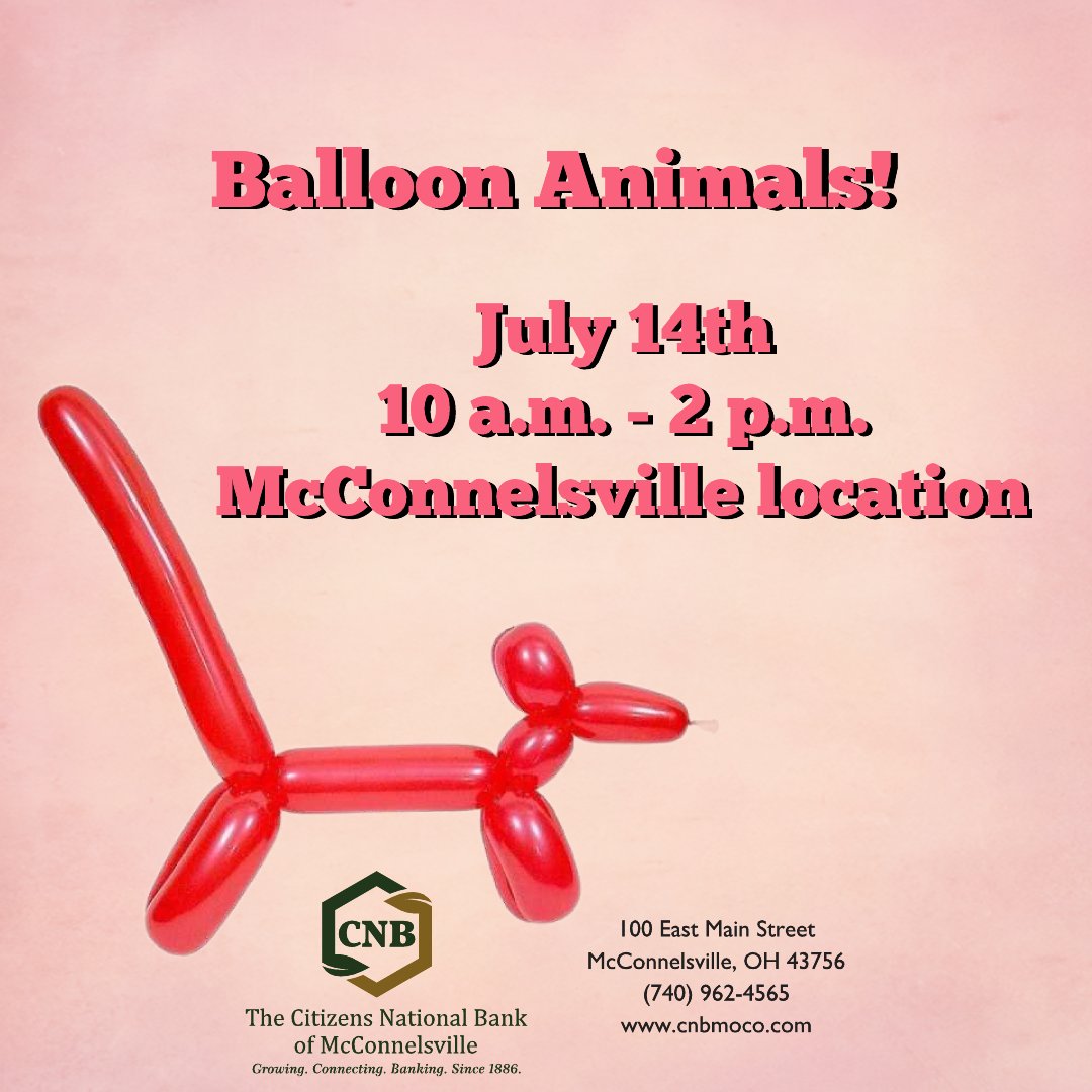 Don't forget! We have balloon animal artists coming tomorrow! Stop by for yours! #BalloonAnimals #CNBMoCo #SupportLocal #BankLocal