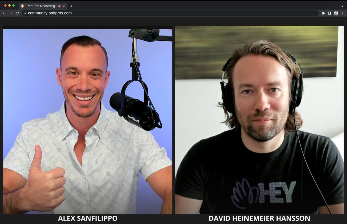 alexsanfilippo8's tweet photo. Let's go! 💪
@dhh aka the real-life Tony Stark. Will be delivering the keynote at #PODTalks July!
We were just catching up on a call about the event, and I grabbed this quick screenshot. (You probably can't tell but David was super excited to be hanging out with me 🤣 #Stoic) https://t.co/1VOoqF1wyq