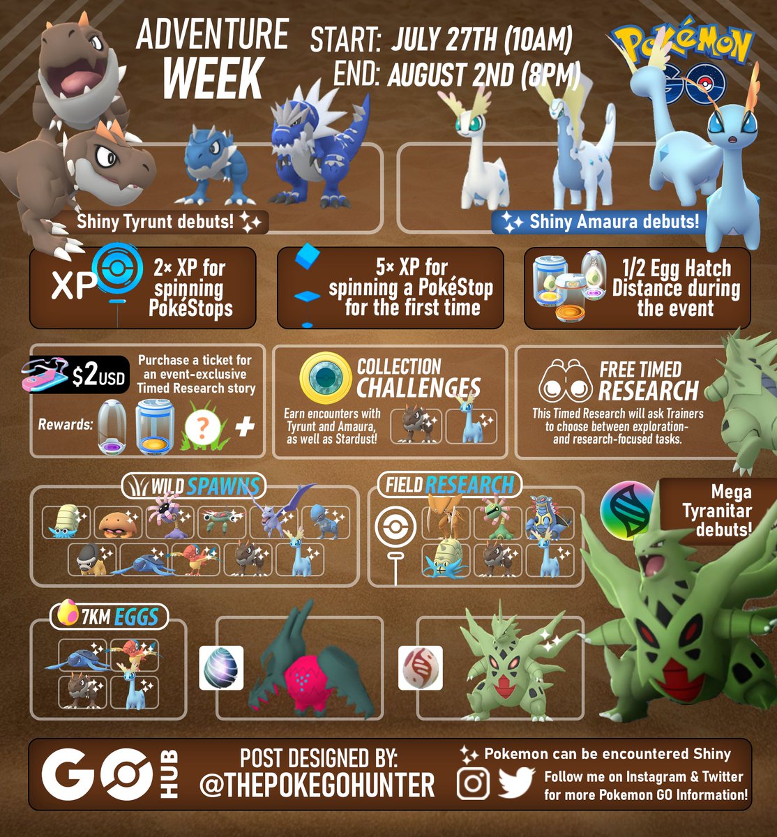 PokemonGOHubNet's tweet photo. Sassy infographic for a sassy event. Adventure Week returns in two weeks, bringing two insane Shiny Pokémon, Mega Tyranitar, and Regidrago in 5-Star Remotable Raids. Can it get any better?

More details in this article https://t.co/P3yhwZzTjv https://t.co/vx3cw7LKSv