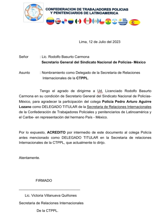 Recibimos la acreditación de nuestro compañero, Lic. Arturo Aguirre, como Delegado del <a href="/Sinapol_mx/">Sindicato Nacional de Policías</a> ante la Secretaría de Relaciones Internacionales de la Confederación de Trabajadores Policiales y Penitenciarios de Latinoamérica 

¡unidos y organizados!