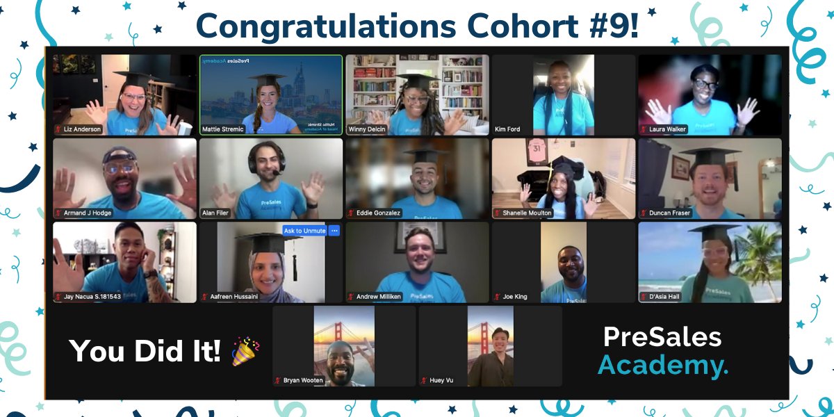 PreSalesAcademy's tweet photo. 🎉 Announcing our latest graduates from PreSales Academy! 🎉

⭐️ CONGRATULATIONS Cohort #9! ⭐️

THANK YOU to our Career Advisors, who have been invaluable mentors, coaches, and educators to our students during the past two months.

#graduation #presales #bestjobever #techcareers https://t.co/uRITt6lA83