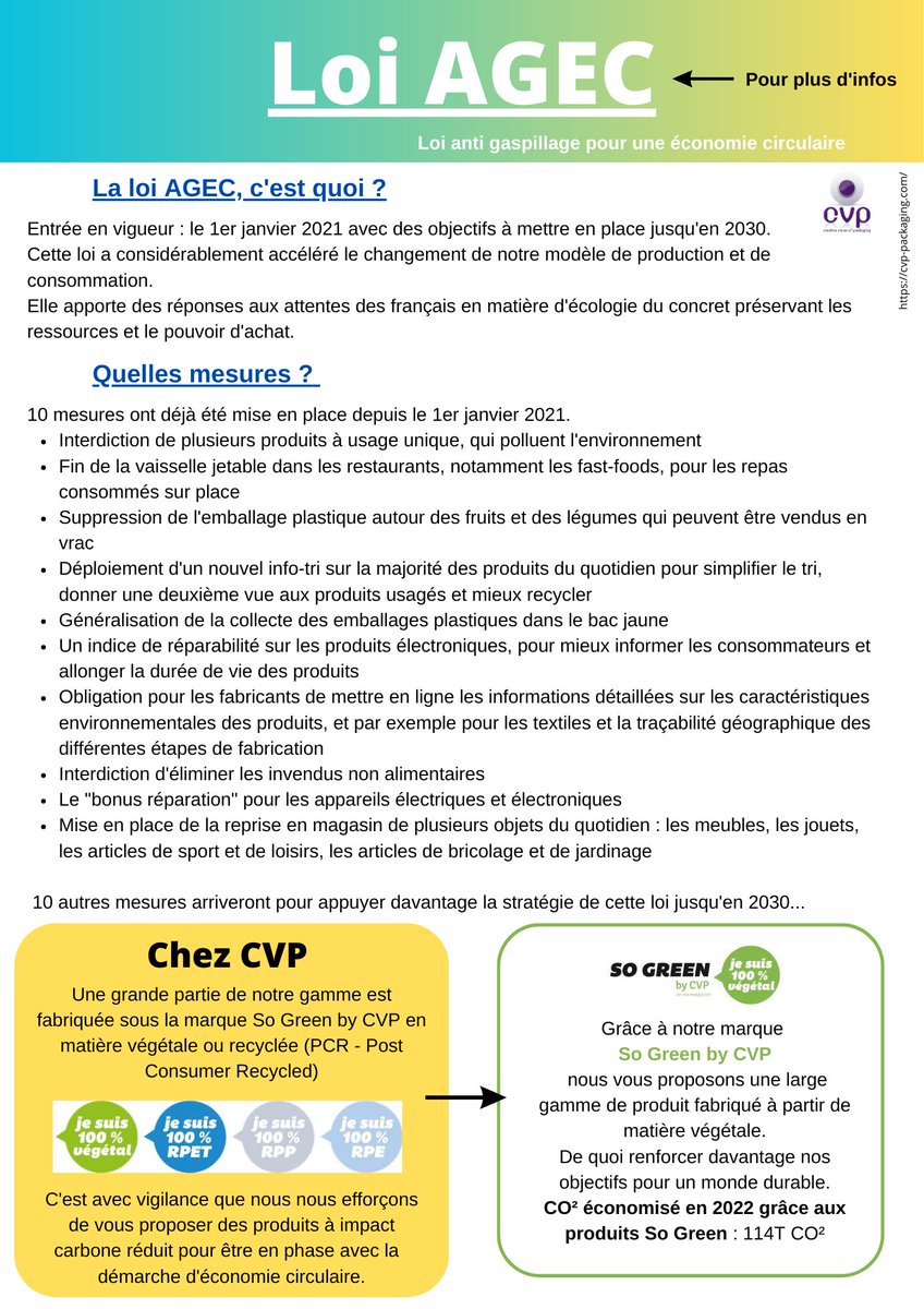 LA LOI AGEC 💼

CVP vous propose de découvrir la loi AGEC.

"Entrée en vigueur depuis le 1er janvier 2021, cette loi accélère le changement de notre modèle de production et de consommation…"

Bonne découverte ! 🔍

#infographie #informations #règlementation #loiAGEC