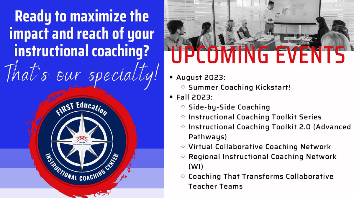 Calling all #InstructionalCoaches! Are you ready for a great school year of coaching, leading, and supporting staff? Let's kick things off with our virtual learning opportunities! Find a session that best fits your needs and register today! firsteducation-us.com/events
