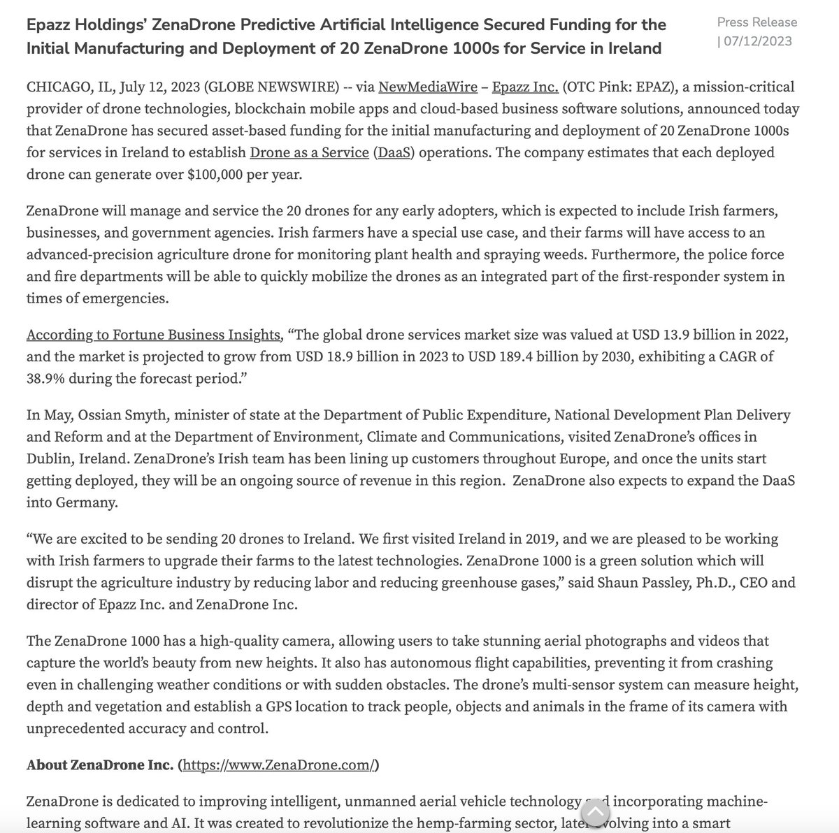 $EPAZ News Secured Funding for ZenaDrone   cutt.ly/twi8lf2Y #AI #wsj  #nytimes #reuters #bloomberg #forbes #IHub_StockPosts #newyork #business #cnn #bet #foxnews #bitcoin #blockchain #crypto #SeekingAlpha #DPRO $DPRO $TDY $AVAV $HON $LMT