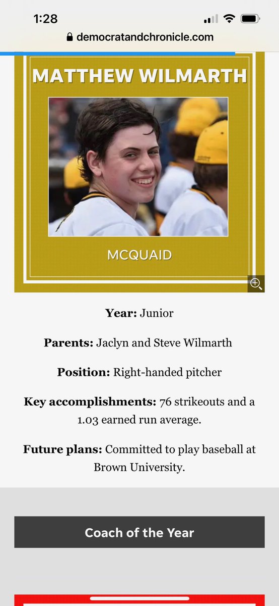 Thank you Section V Coaches and D&amp;C staff for selecting me to the All-Greater Rochester Baseball Team.