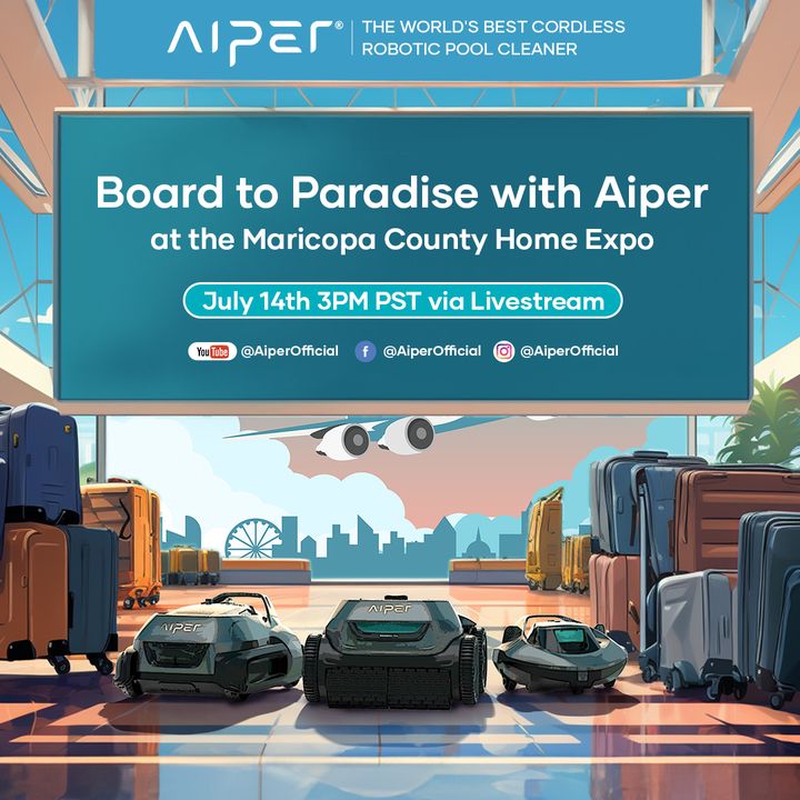 AiperOfficial's tweet photo. Aiper Airlines' flight to Paradise will be boarding at 3 PM PST at the Maricopa County Home Show, booth 733. To get on board, visit our official social media pages to join the trip.
#AiperPoolParty #AiperStaycation #BringVacationHome https://t.co/hAnFmyWGIM