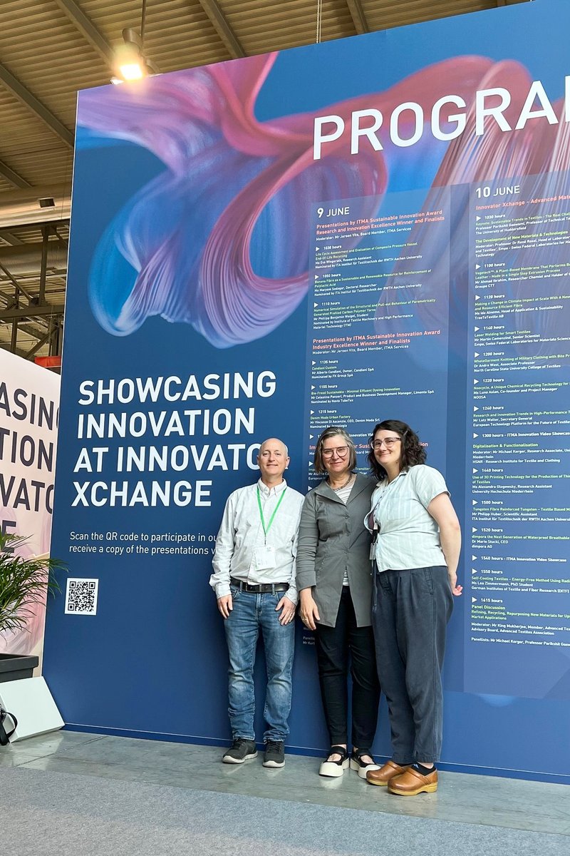 pafdc_cff's tweet photo. Director Geneviève Dion and innovation team members, Michael Feldmus and Robin Althouse, representing @pafdc_cff at @ITMA2023! Dion moderated "Harnessing New Technology for Yarn Production and Quality Control" and was a panelist for "Taking a Humanistic Approach to Automation." https://t.co/CtvqTIhrJr