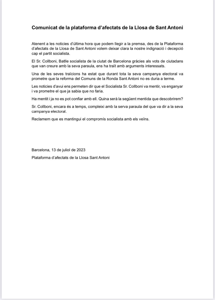 PAxLLSA's tweet photo. Conunicat de la @PAxLLSA en reacció a la decisió de l'alcalde @jaumecollboni en vers la situació de la ronda de Sant Antoni. https://t.co/EodQp3hxii