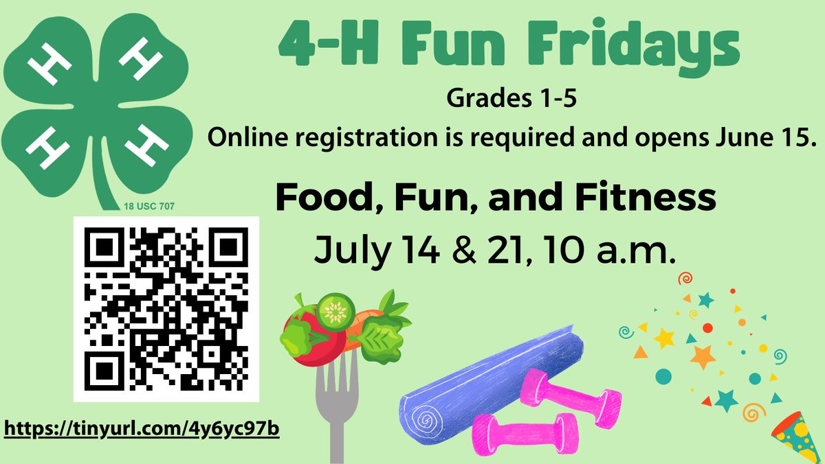 Have you signed up your kiddo (Grades 1-5) for the last series of 4-H Fun Fridays? Don't miss out! Food, Fun, and Fitness takes place tomorrow and next Friday; register online at https://t.co/RUnMkqFwuK https://t.co/tIfKjyzABR