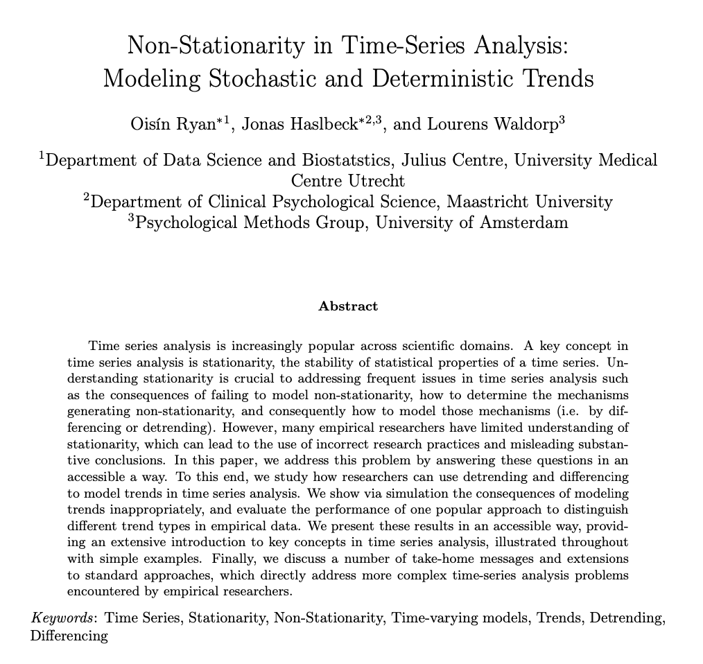 What is stationarity and why is it important for time series analysis? Should you detrend your data before analysing it? How can you identify and model non-stationarity? In our new preprint @jonashaslbeck L. Waldorp and I tackle these questions and others psyarxiv.com/z7ja2