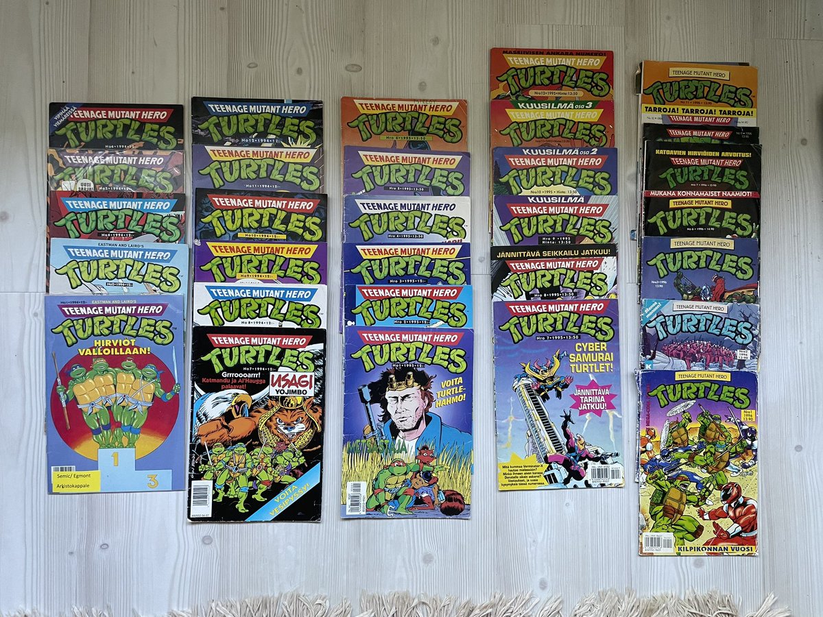 Hei #sarjakuvat ja #kirjatwitter! Myynnissä Semicin Turtles -sarjakuvat 1994–1996 (puuttuu 3/1994; puuttuu 4-5/1996; puuttuu 8/1996; puuttuu 12/1996; yhteensä 31 lehteä). Myynnissä muuallakin. HP: 180€