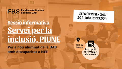 bcsUAB's tweet photo. Sessió informativa a càrrec del #PIUNE per a nou #alumnatUAB amb discapacitat o necessitats educatives específiques:
🗓️20 de juliol
⌚️de 13 a 14.30 h
📍Sala de Cinema #UAB
🔗https://t.co/bCtIqer2MK https://t.co/W9u3IvTkNk