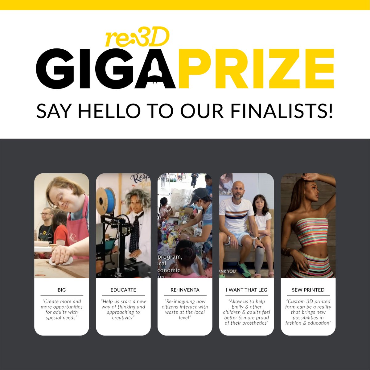 Thank you to all of the organizations that applied to the Gigaprize! Our first round of judging is complete, and we are excited to announce our 5 Finalists in line for a free Gigabot 4 large format 3D Printer! 🚀

#Gigaprize #Gigabot #3Dprinting #STEM