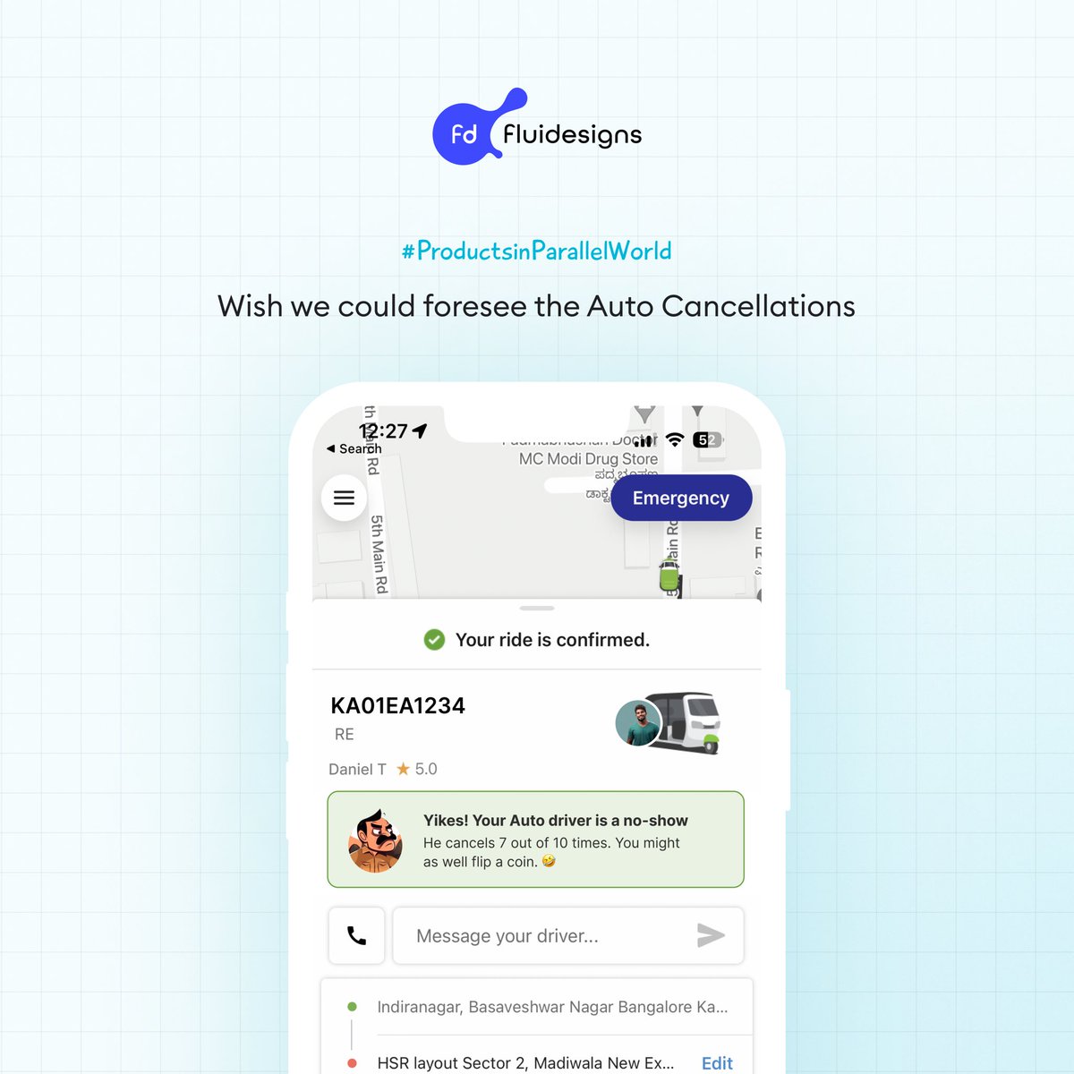 fluidesigns's tweet photo. #ProductsinParallelWorld Fluidesigns presents a new series where we post funny little nuggets of Product Design Ideas.
First in the series is an “OLA Auto ride cancellation predictor”.

#ola #olaautos #uidesigns #uiux #fluidesigns https://t.co/5ni2zMJNpK