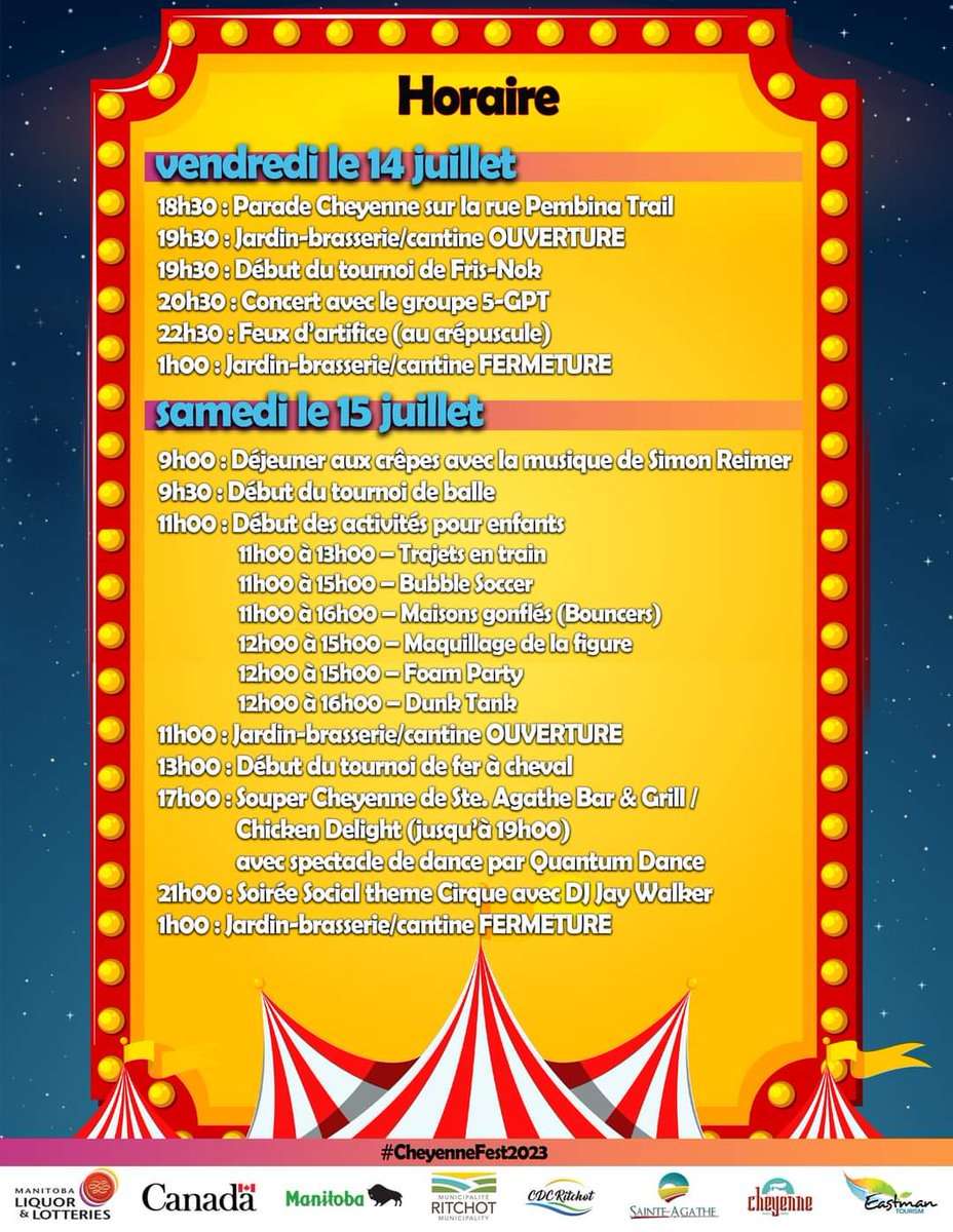 CheyenneFest's tweet photo. Horaire révisé - Revised Schedule

*Supper Tickets on Sale at Ste. Agathe Bar &amp; Grill ($20 each)
*Volunteers still needed

#EasternMB #ExploreMB #CDCRitchot #RitchotCDC #CheyenneFestival #CheyenneFest2023 #SteAgatheMB https://t.co/h3xJf84ArY