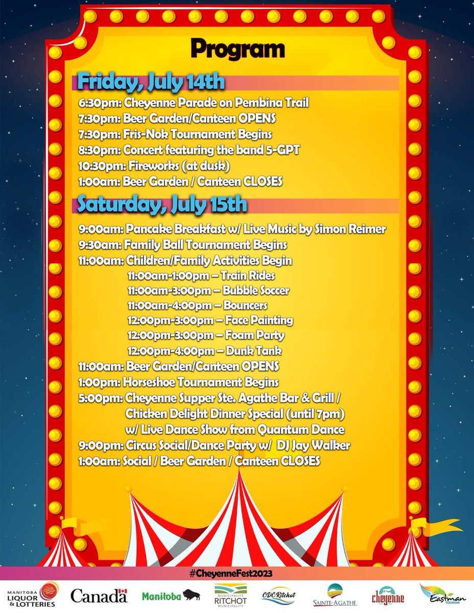 CheyenneFest's tweet photo. Horaire révisé - Revised Schedule

*Supper Tickets on Sale at Ste. Agathe Bar &amp; Grill ($20 each)
*Volunteers still needed

#EasternMB #ExploreMB #CDCRitchot #RitchotCDC #CheyenneFestival #CheyenneFest2023 #SteAgatheMB https://t.co/h3xJf84ArY