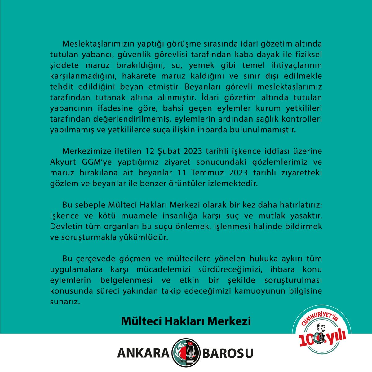 Göç İdaresi Başkanlığına bağlı Akyurt Geri Gönderme Merkezindeki işkence iddialarına dair bilgilendirme