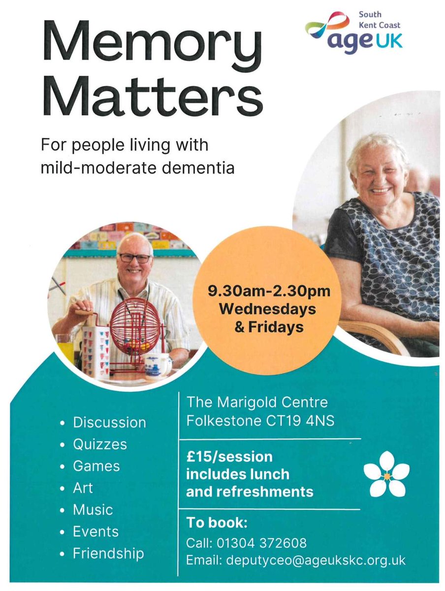 Are you living with mild-moderate dementia? Join our Memory Matters club in Folkestone- we have space for new members on a Wednesday - discussion, peer support, activities and more - £15 per day, includes lunch and refreshments. #Dementia #Folkestone