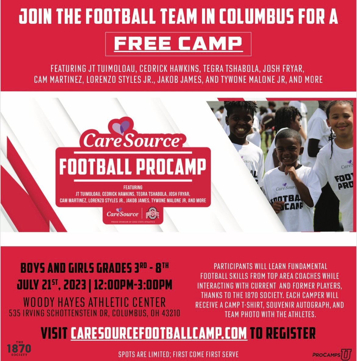 We are excited to tackle the day with @ProCamps and some of Ohio’s best at the FREE @caresource Football Camp on July 21st 🏈 🙌 Click below to register for skills and drills at the Woody Hayes Athletic Center. Spots are limited so don't wait! 👉 CareSourceFootballCamp.com