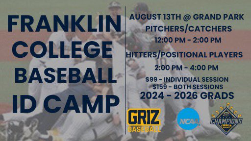 We are looking for future Grizzlies!   Franklin College Baseball will host their ID camp August 13 at Grand Park!  Please see link to register: 

grizbaseballcamps.com
<a href="/FCGrizAthletics/">Franklin Grizzlies</a> <a href="/FranklinCollege/">Franklin College</a> #GRIZGRIT