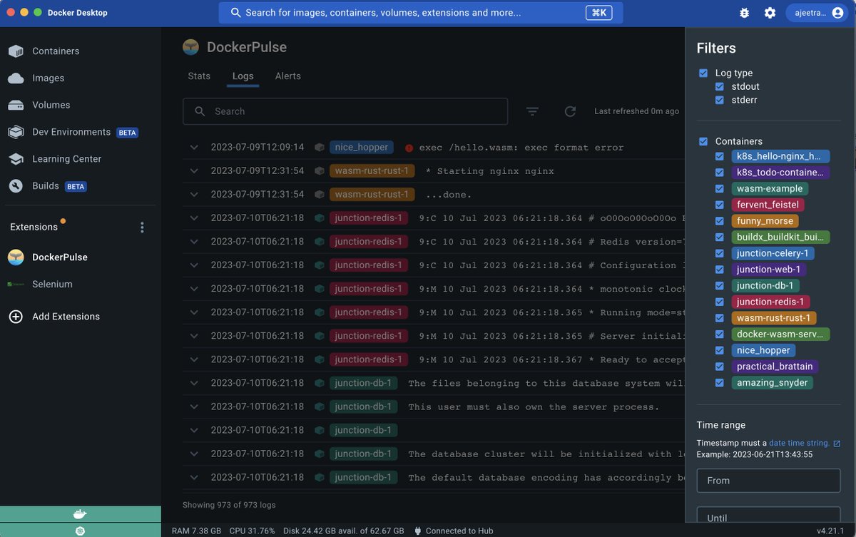 Just-in: The New DockerPulse Docker Extension adds feature-rich monitoring tools to Docker Desktop. Record and visualize up to 3 days of metrics for your containers, search and filter logs, and create alerts! 📊 Metrics monitoring DockerPulse records the resource usage of all…