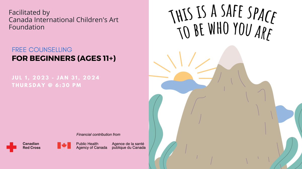 ChildrenArtFest's tweet photo. CICAF Virtual Free Counselling For Beginners (ages 11+) Jul 1 - Jan 31, 2024 Thursday @ 6:30 pm https://t.co/KhmIGjIVd8
Thanks @redcrosscanada and @GovCanHealth
for making our events possible!
#childrenart #WorkshopOnline #digitalartist #communityart #onlineartclass https://t.co/tHQgNwMvl0