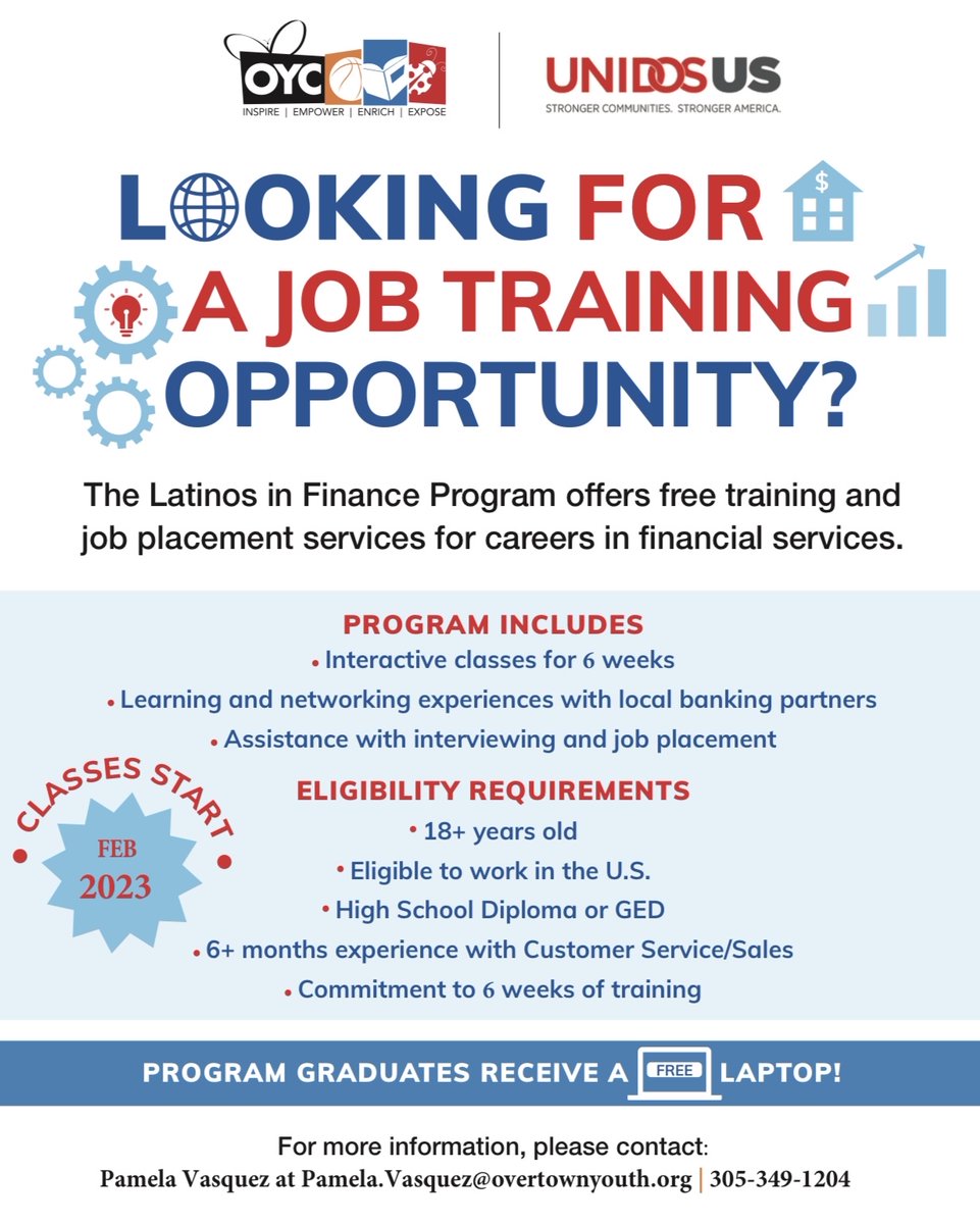 Looking for a job training program ❓
Interested in transitioning to a career in banking/financial services❓

OYC Miami is recruiting bilingual (Spanish) individuals to participate in a FREE 6-week Latinos in Finance training program. This free training is focu...