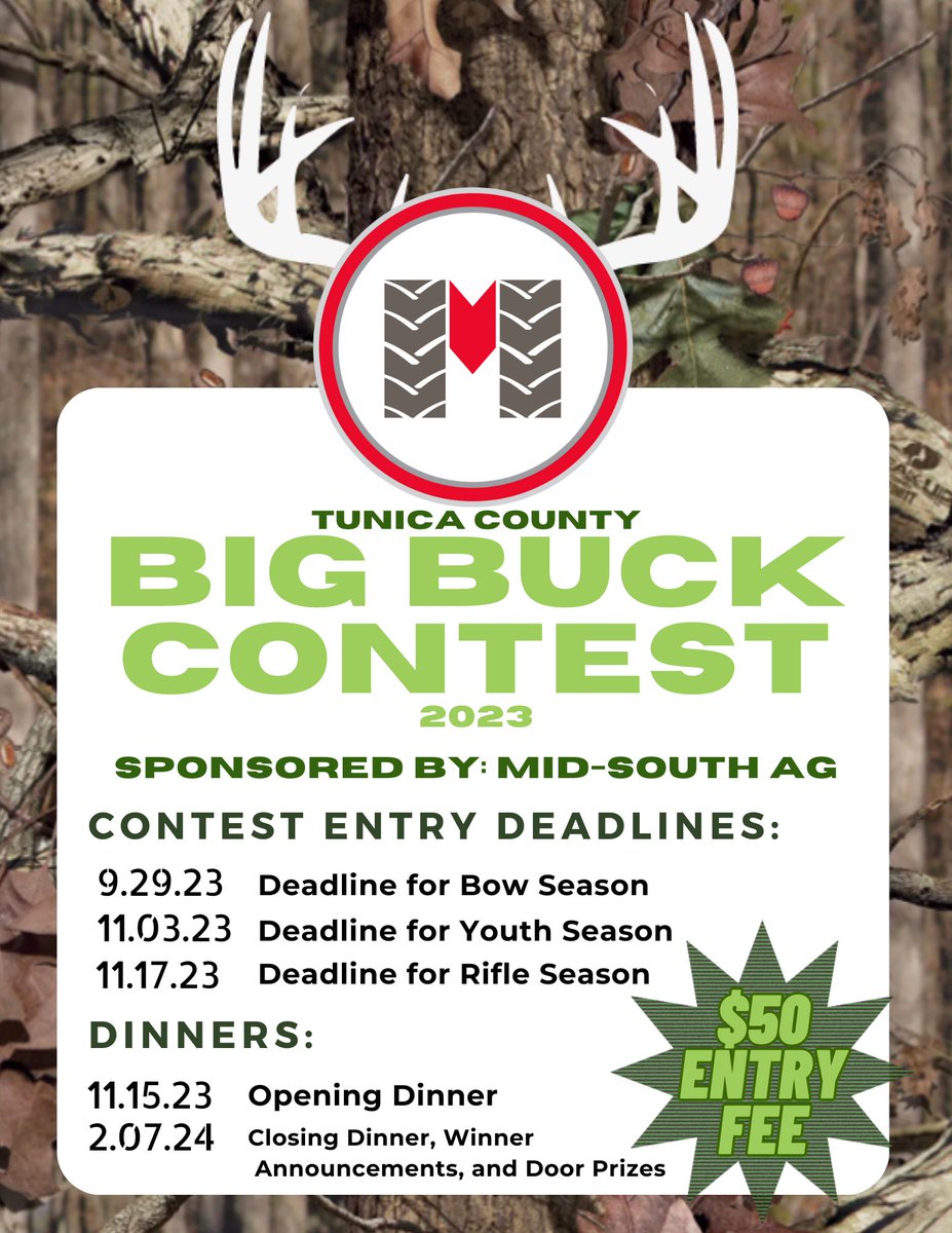 MidSouthAg's tweet photo. Attention Tunica! MSA is excited to sponsor the Big Buck Contest this year! Stop by the Tunica location to register. https://t.co/NfQi5LglS6