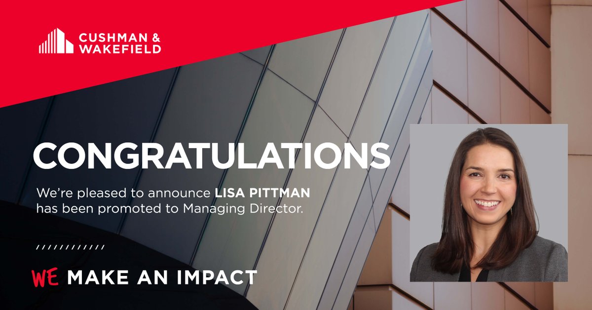 Lisa Pittman, who leads our Atlanta Logistics &amp; Industrial Services Group, has been promoted to Managing Director! Congrats to Lisa on this well-deserved achievement. #CushWake #whatwemakeit #Atlanta #CRE