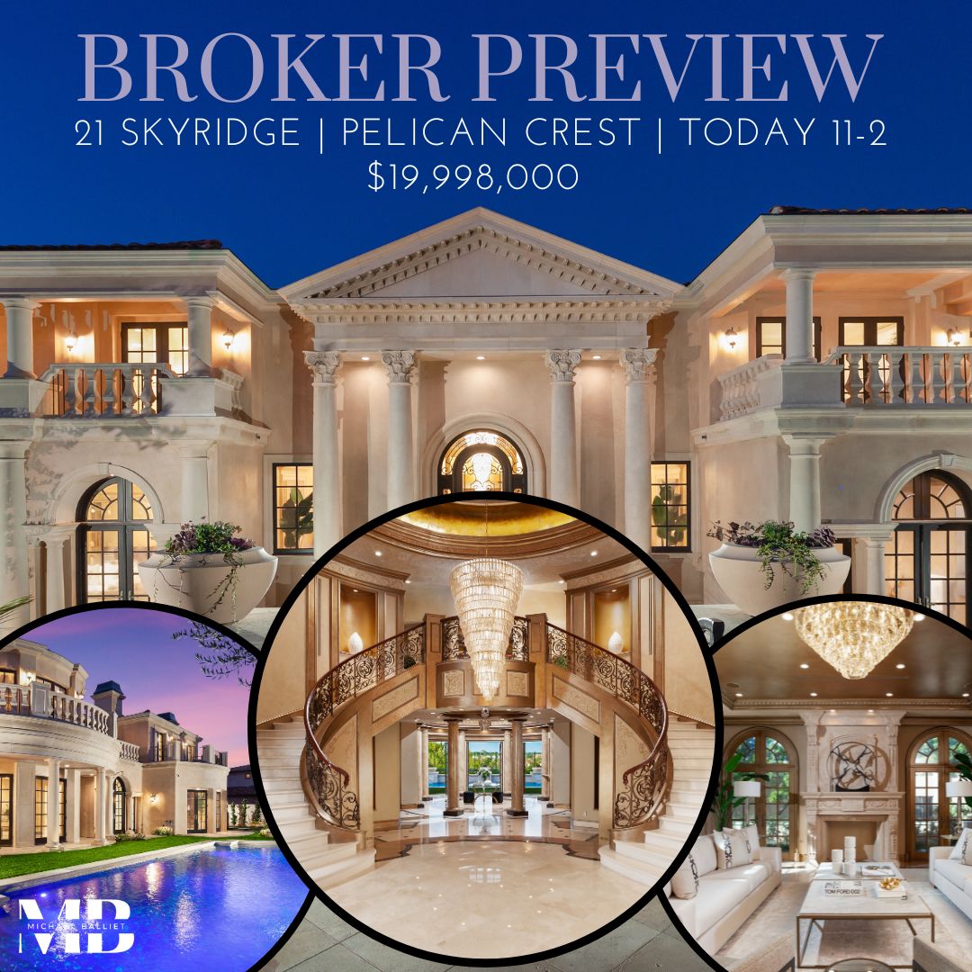 I'll be at 21 Skyridge in Pelican Crest today from 11-2 holding a broker preview! Come by and say hello! This estate has just undergone a price adjustment to $19,998,000, so if you have buyers up to $20 Million, you should come see this amazing estate.

For more information, c...