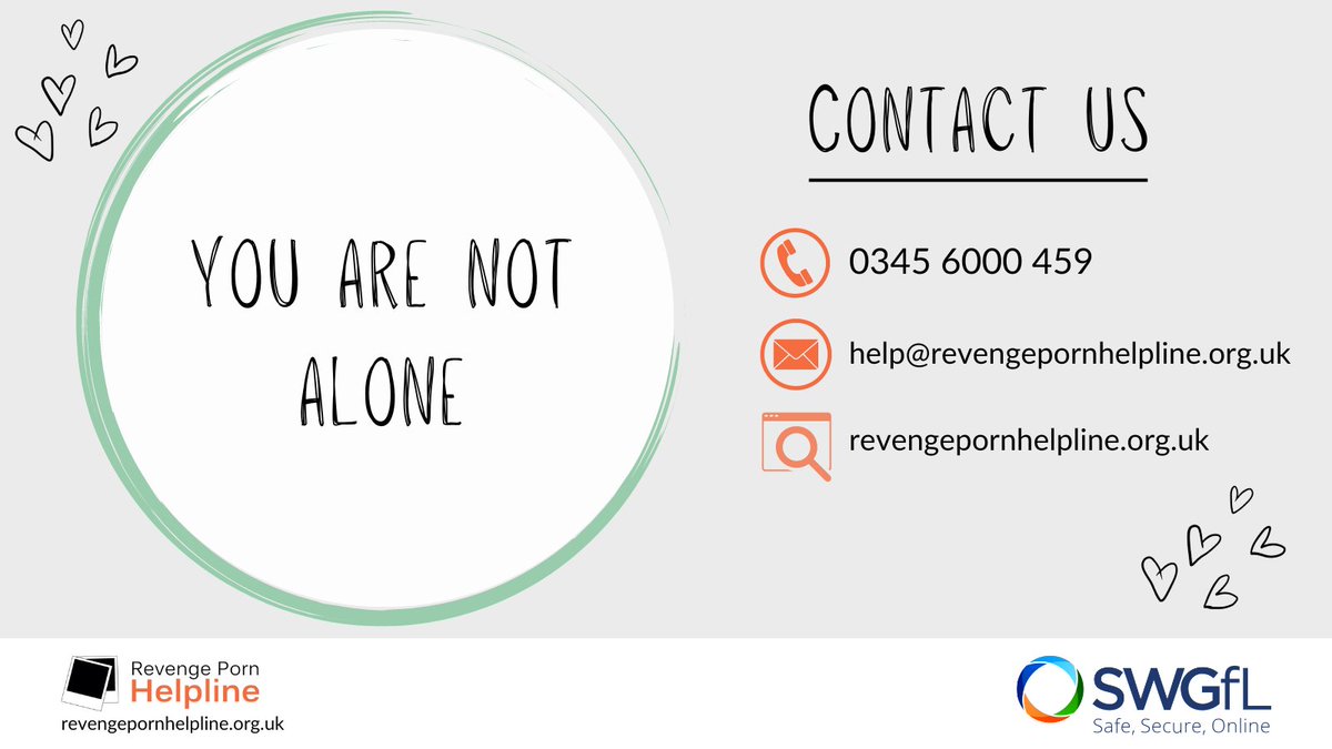 RPhelpline's tweet photo. The Revenge Porn Helpline is the only dedicated intimate image abuse Helpline in the UK. We provide support for anyone living in the UK (18+) who has been impacted by intimate image abuse.

If you’ve been affected by intimate image abuse, call us at 03456000459 or email help@revengepornhelpline.org.uk. We're open Monday to Friday, 10am-4pm. 🧡

You can also get in touch with us on our website  https://t.co/7GdpMW4eRg