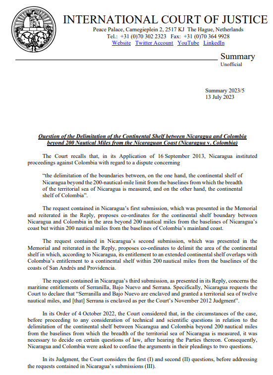 CIJ_ICJ's tweet photo. READ HERE: summary of the #ICJ Judgment on the merits of the case concerning Question of the Delimitation of the Continental Shelf between Nicaragua and Colombia beyond 200 nautical miles from the Nicaraguan Coast (#Nicaragua v. #Colombia) https://t.co/smkROhvvqm https://t.co/aFwa9mIjIl