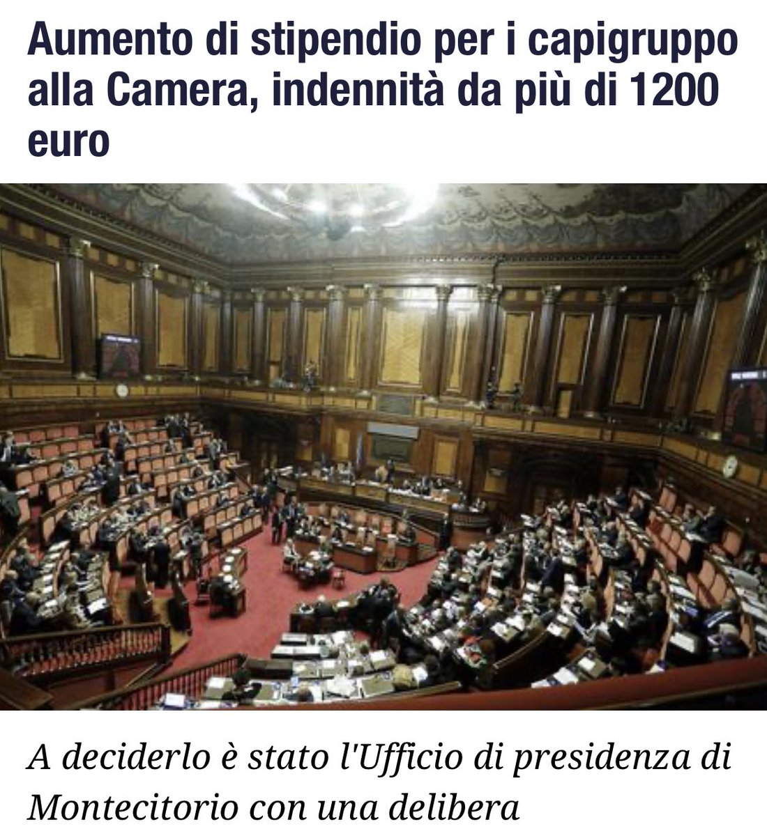 Allucinante, 1200 euro in più al mese ai capigruppo di ogni partito. Bisognerebbe veramente scendere tutti in piazza per quest’ennesimo schiaffo alla decenza. 
#cameradeideputati #aumentodistipendio #capigruppocamera #governomeloni