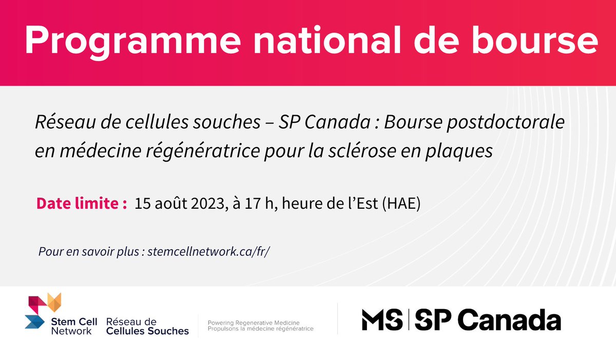 SPCanOfficielle's tweet photo. Bourse de recherche postdoct. axée sur la médec. régénérative et la SP, offerte par le Réseau de cellules souches et SP Canada – date limite des demandes : 15 août. https://t.co/AxxGVqJmdr
#SP #rechercheSP https://t.co/8M3dNNNx62
