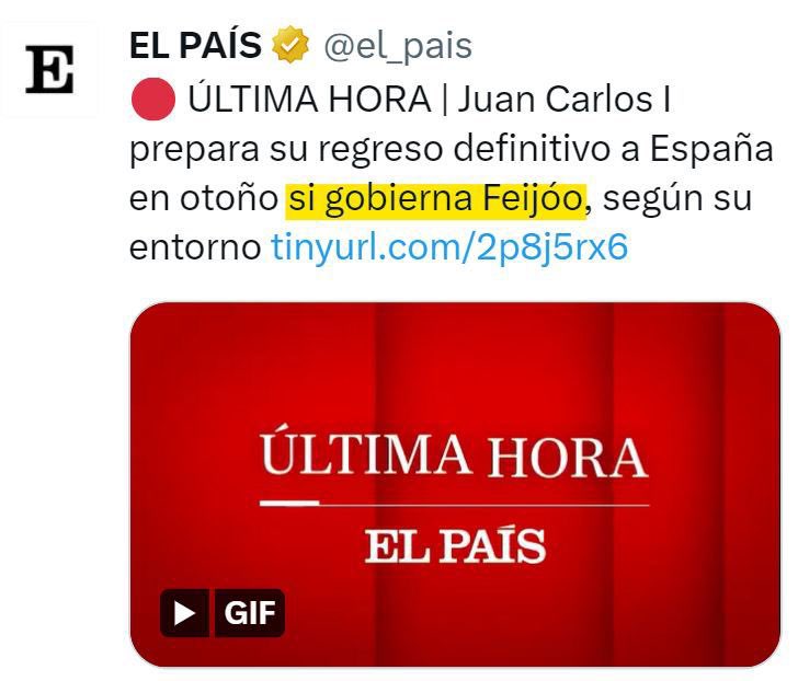 LilithVerstryng's tweet photo. El rey emérito lo tiene claro: con Feijóo vuelve a ser impune. 

Si vuelve, que sea a un país que exige rendición de cuentas ante los españoles, que se toma la democracia en serio y garantiza que todos somos iguales ante la ley. Eso solo es posible con un gobierno progresista. https://t.co/Bq79usizt0