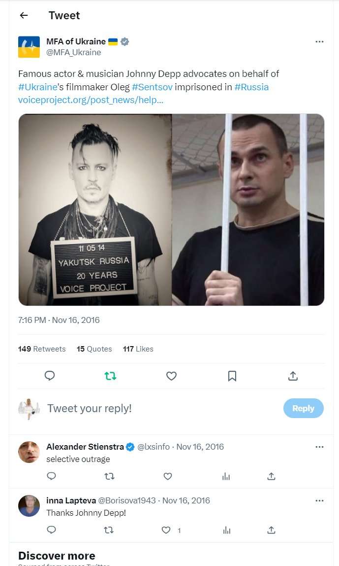 VancouverCaGirl's tweet photo. here is "Famous actor & musician Johnny Depp advocates on behalf of #Ukraine's filmmaker Oleg #Sentsov imprisoned in #Russia" https://t.co/bo4mtluI5c