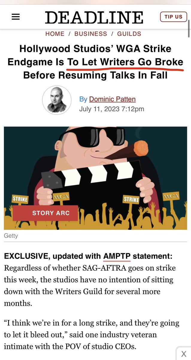DrEricDing's tweet photo. ⛔️THIS IS ILLEGAL—the Hollywood big corporate studios want to starve out striking writers until they go hungry and start losing their homes/evicted—➡️but this is an illegal blatant violation of @NLRB rules on good faith negotiations. A studio executive even coldly told Deadline: ⚠️“The endgame is to allow things to drag on until union members start losing their apartments and losing their houses,” Acknowledging the cold-as-ice approach, several other sources reiterated the statement. One insider called it “a cruel but necessary evil.” 

We need a full INVESTIGATION of @amptp asap by @NLRB @USDOL. #WritersStrike 
https://t.co/Zmcz0lHEji