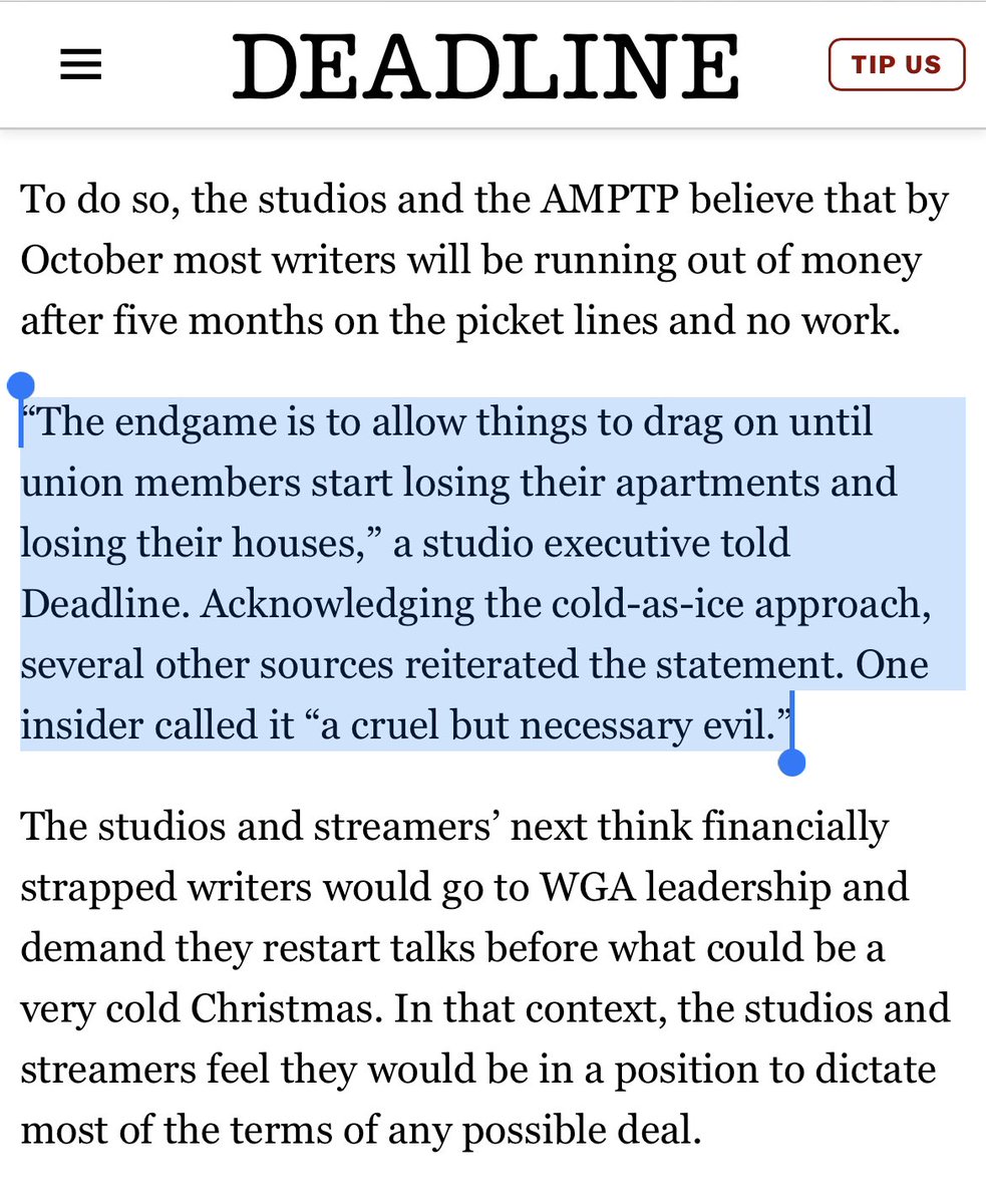 DrEricDing's tweet photo. ⛔️THIS IS ILLEGAL—the Hollywood big corporate studios want to starve out striking writers until they go hungry and start losing their homes/evicted—➡️but this is an illegal blatant violation of @NLRB rules on good faith negotiations. A studio executive even coldly told Deadline: ⚠️“The endgame is to allow things to drag on until union members start losing their apartments and losing their houses,” Acknowledging the cold-as-ice approach, several other sources reiterated the statement. One insider called it “a cruel but necessary evil.” 

We need a full INVESTIGATION of @amptp asap by @NLRB @USDOL. #WritersStrike 
https://t.co/Zmcz0lHEji