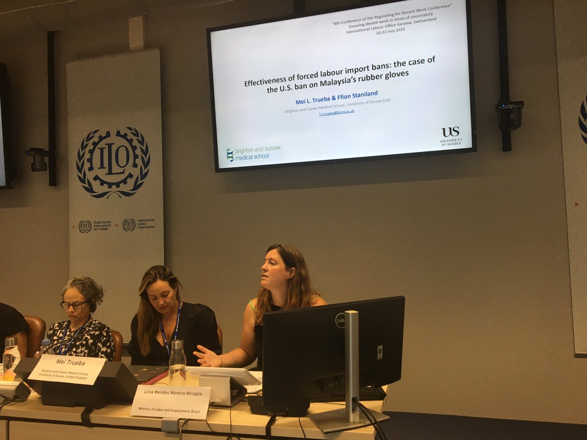 Thrilled to have presented our (F. Staniland) research on the effectiveness of the    #UnitedStates #forcedlabour #importbans at the #ilo Regulating #decentwork conference!
 #publicprocurement #humanrights #modernslavery  #rubbergloves #malaysia  <a href="/GlobHealth_BSMS/">Global Health @BSMS</a> <a href="/Policy_Sussex/">Policy@Sussex</a>