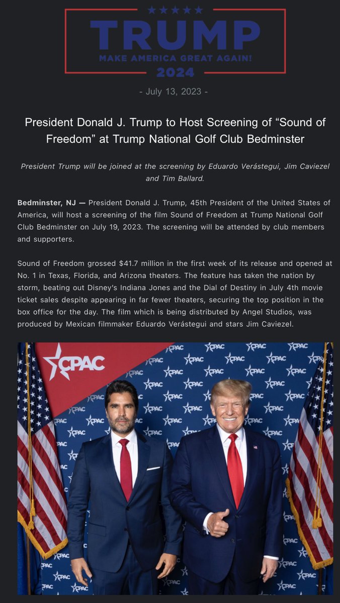 alexbruesewitz's tweet photo. BREAKING: President @realDonaldTrump will be hosting a screening of “Sound of Freedom” next week at his Bedminster Golf Club.

President Trump’s leadership resulted in a 14% increase in human trafficking convictions in 2017 over the prior year. In 2017, President Trump’s Director of National Intelligence raised the issue of human trafficking to a top priority for America’s intelligence agencies. In 2018, President Trump made history as the first president to participate in the President’s Interagency Task Force to Monitor and Combat Trafficking in Persons.
 
As President, Donald J. Trump took historic steps to end human trafficking and protect the innocent. In January 2020, President Trump recognized the 20th Anniversary of the Trafficking Victims Protection Act and signed an Executive Order on Combating Human Trafficking and Online Child Exploitation in the United States, creating the first ever White House position solely dedicated to combatting human trafficking.